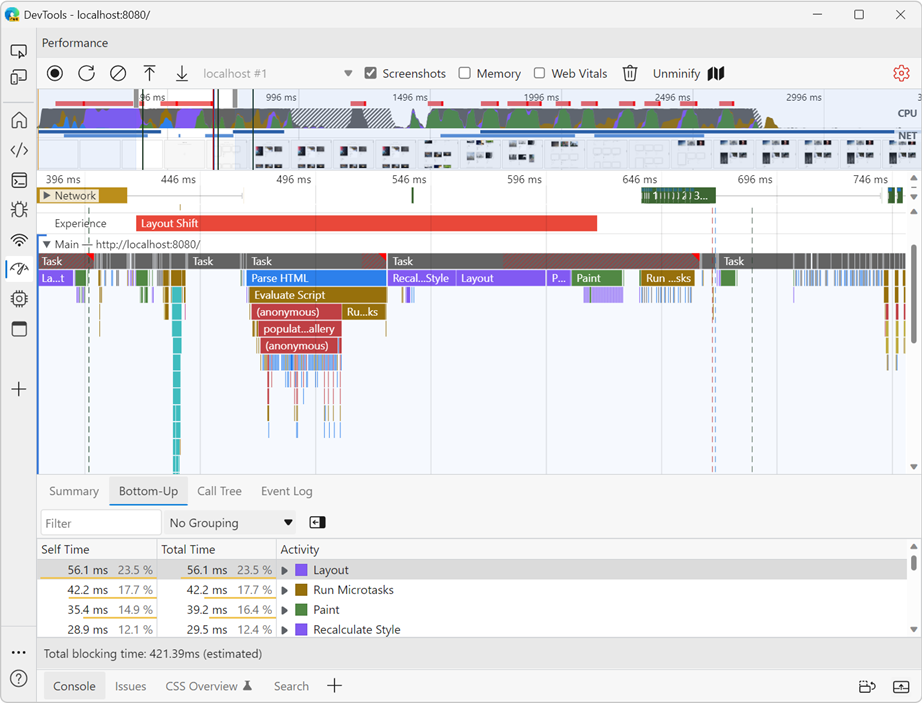 The Performance tool in Edge DevTools. The "Main" panel is expanded to show a flame chart in "Bottom-Up" sorting.
