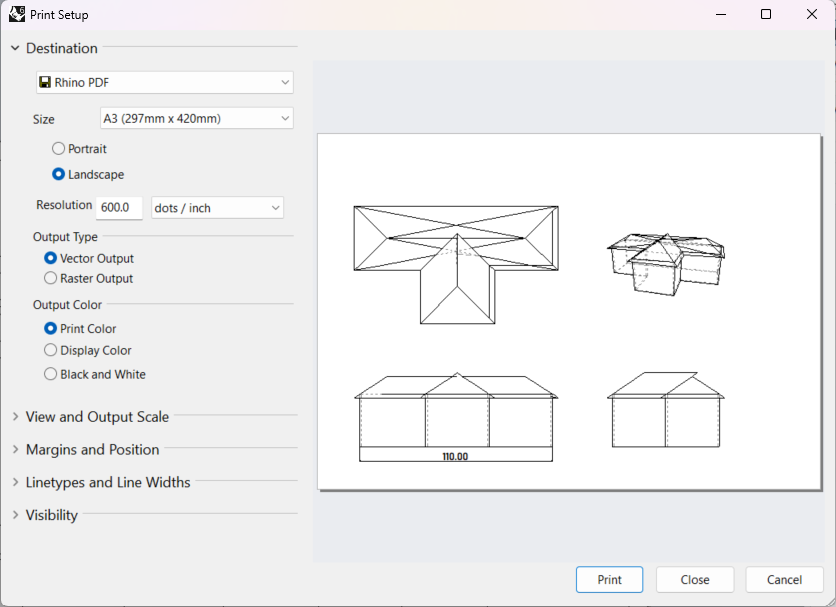 Setting for printing a technical drawing in Rhino