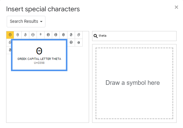 searching for Theta Symbols text in special characters in google docs