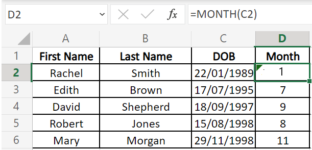 Use the MONTH function to sort dates by month