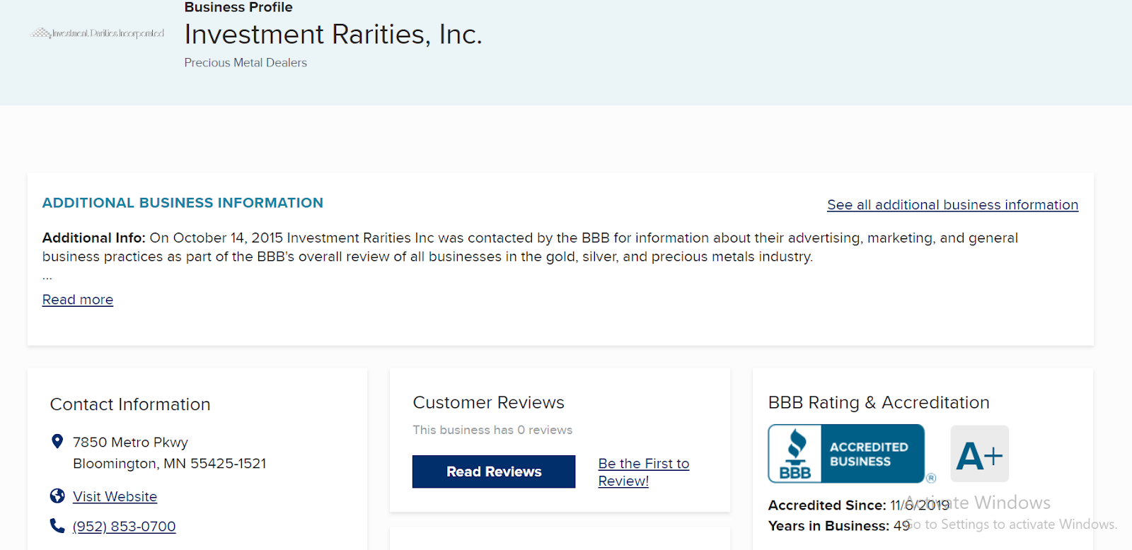 Investment Rarities Inc reviews on BBB