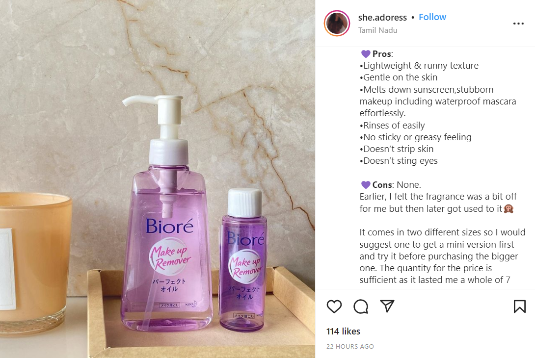 An Instagram post providing a detailed review of a makeup remover product.