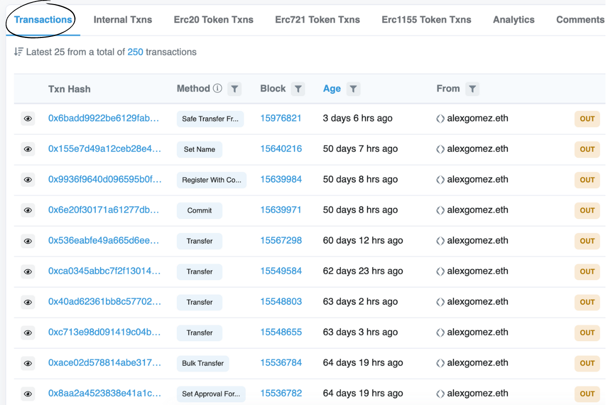 A list of my transactions in Etherscan.