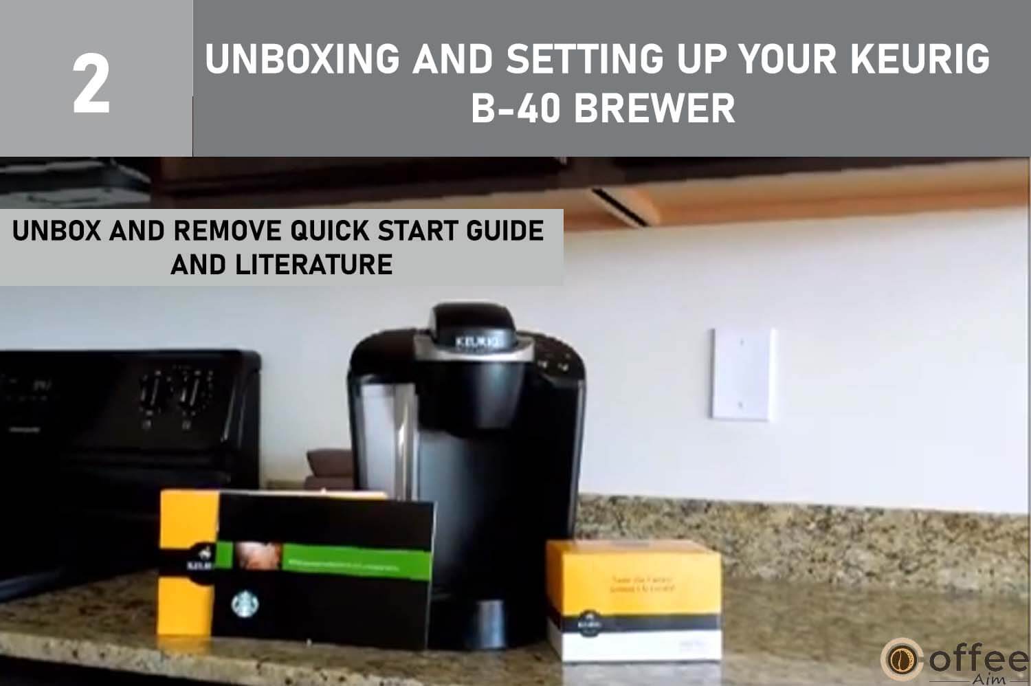 The accompanying image illustrates the process of unboxing the Keurig B-40 Brewer, focusing on the initial steps of removing the quick start guide and literature. This step is crucial in the comprehensive guide titled "Unboxing and Setting Up Your Keurig B-40 Brewer," which is an integral part of the broader article "How to Use Keurig B-40
