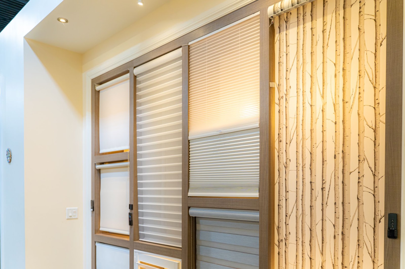 V+ Plus Homes, Unit 37/38 has a variety of window coverings including motorized blinds and drapes. 