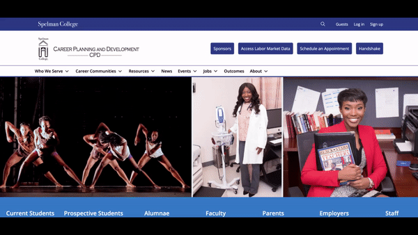 A GIF showing a cursor clicking on the sponsors button on the Spelman College virtual career center homepage and going to a webpage with all the sponsors on it. 