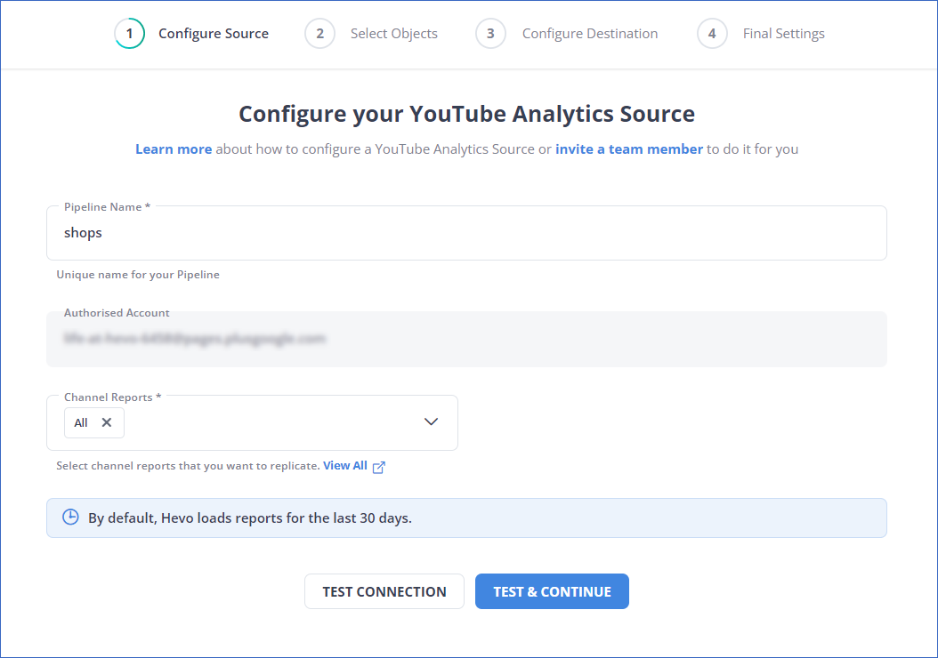 YouTube Analytics to Redshift: YouTube Source Settings