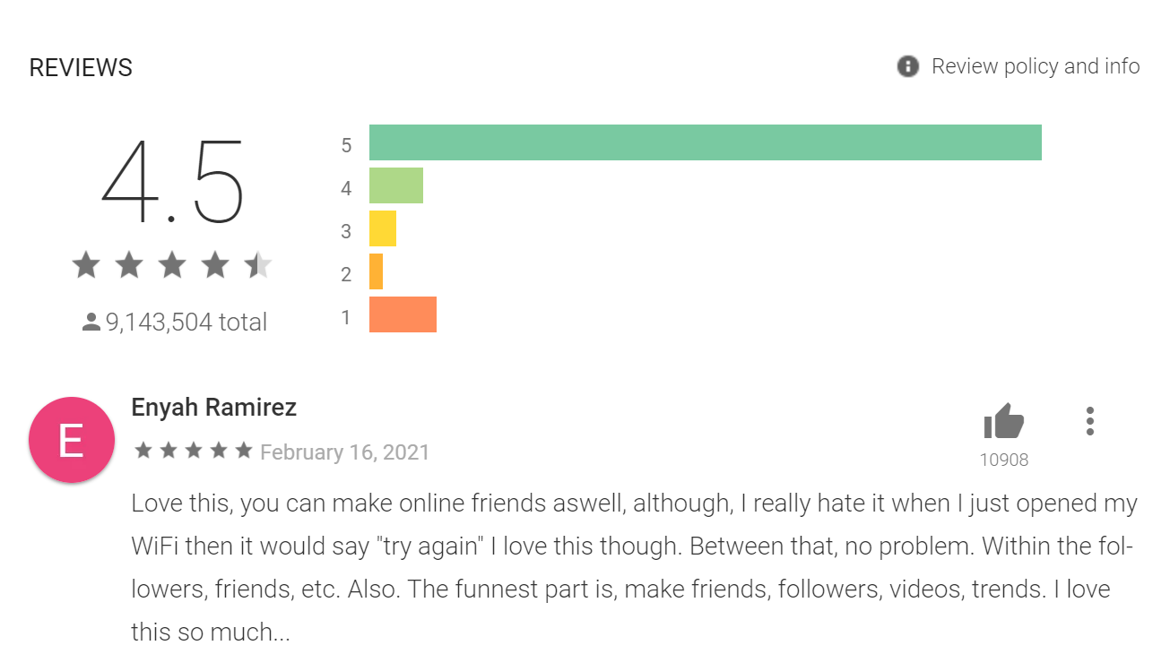 Example of ratings and reviews in Google Play Store.