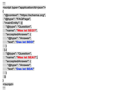Beispiel JSON-LD-Code von einem FAQ-Markup