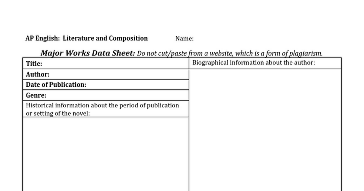 Major works data sheet example