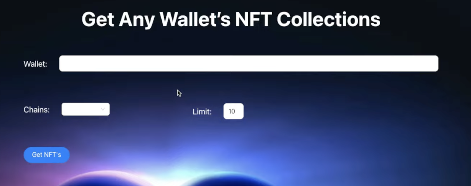 landing page of our get nft collections using python and react application