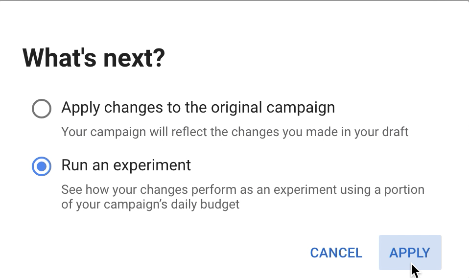 The "What's next?" screen in the Drafts & experiments section.