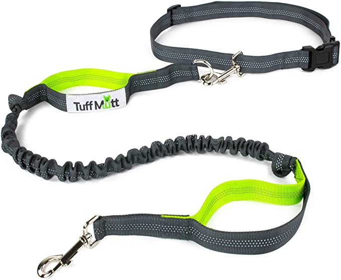 Tuff Mutt Hands Free Dog Leash for Running, Walking, Hiking, Durable Dual-Handle Bungee Leash is 4 Feet Long with Reflective Stitching, Adjustable Waist Belt That Fits 42 Inch Waist