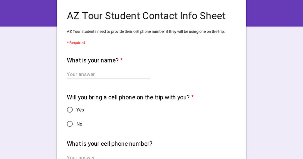 AZ Tour Student Contact Info Sheet
