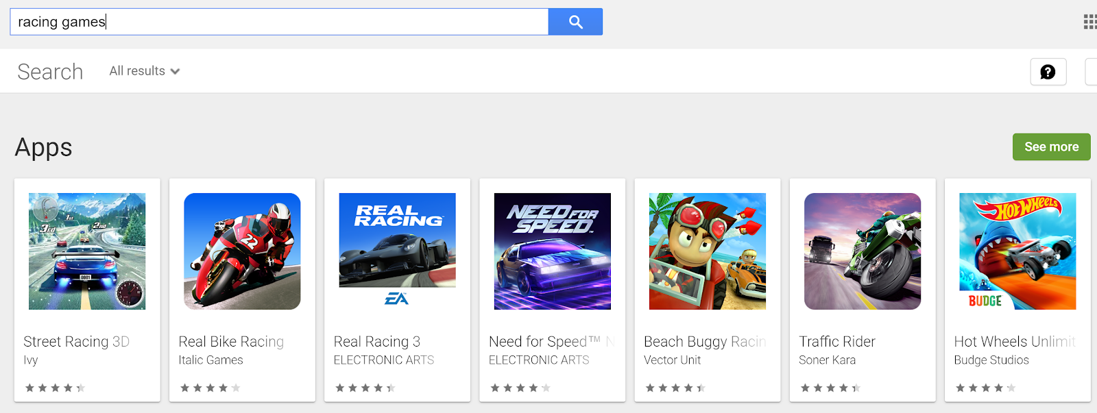 Google Play Store tags for racing games.