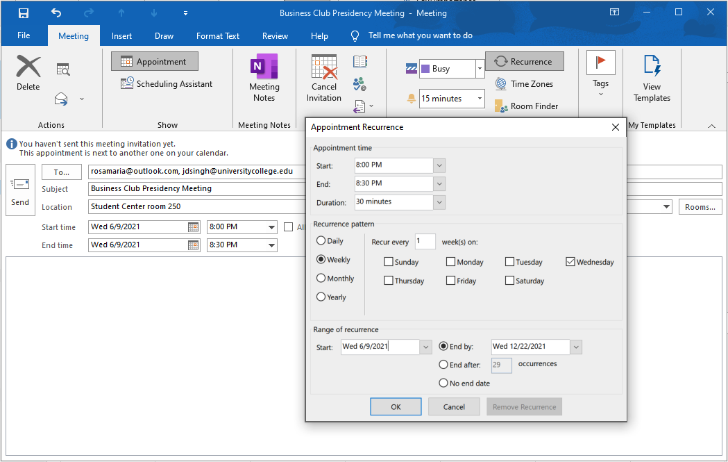 Screenshot of Appointment Recurrence popup window in front of a New Meeting window in Outlook