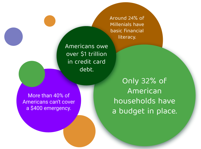 A graphic with different colored circles depicting statistics on financial literacy in the US
