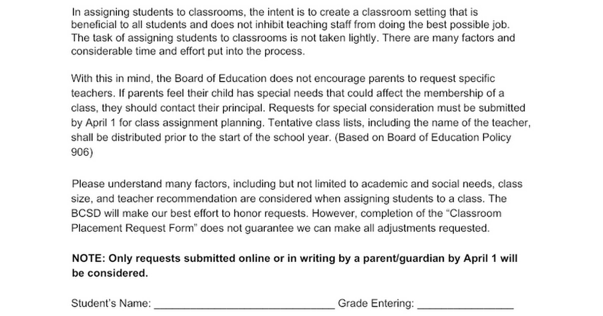 Request for Consideration of Classroom Placement
