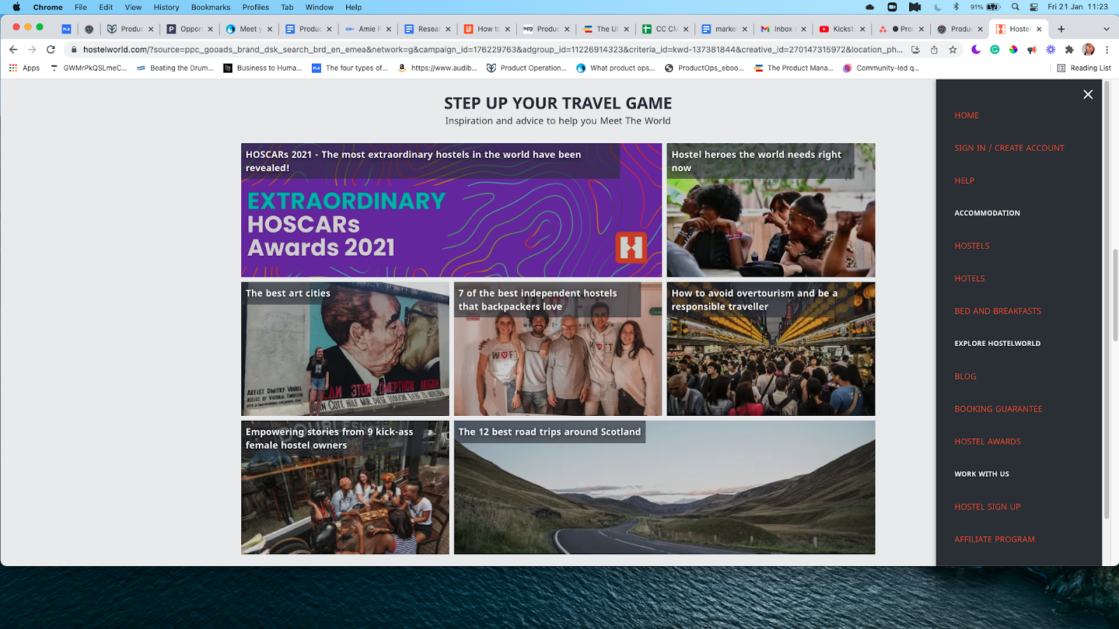 screenshot showing a number of travel articles with titles such as ‘the best art cities’, the 12 best road trips around scotland, and ‘how to avoid overtourism and be a responsible traveler’.