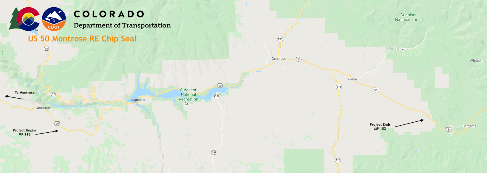 Map of work zone on US 50 between Mile Point 116 and 182