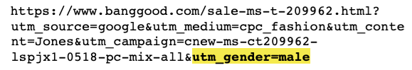 Example Banggood ad clickthrough URL, with UTM query string parameters showing the intended audience is inferred to be male.