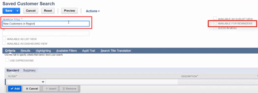 Creating a new saved customer search in NetSuite by adding a search title and checking the reminders box. 