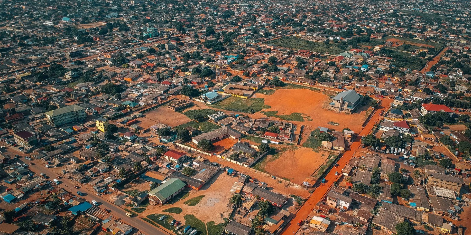 drone image of suburban Accra, the largest city in Ghana