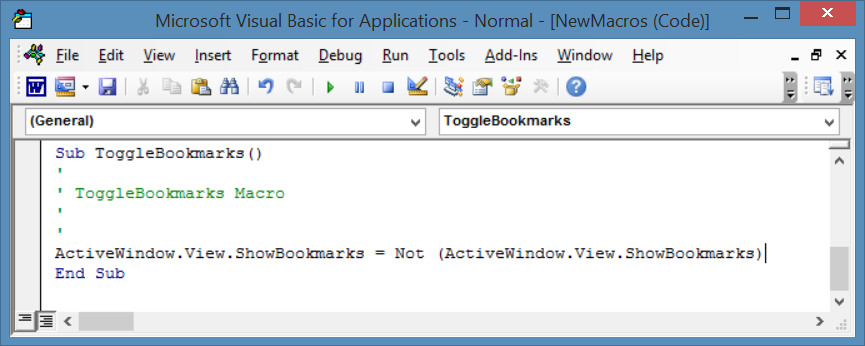 Paste ToggleBookmarks into macro editor