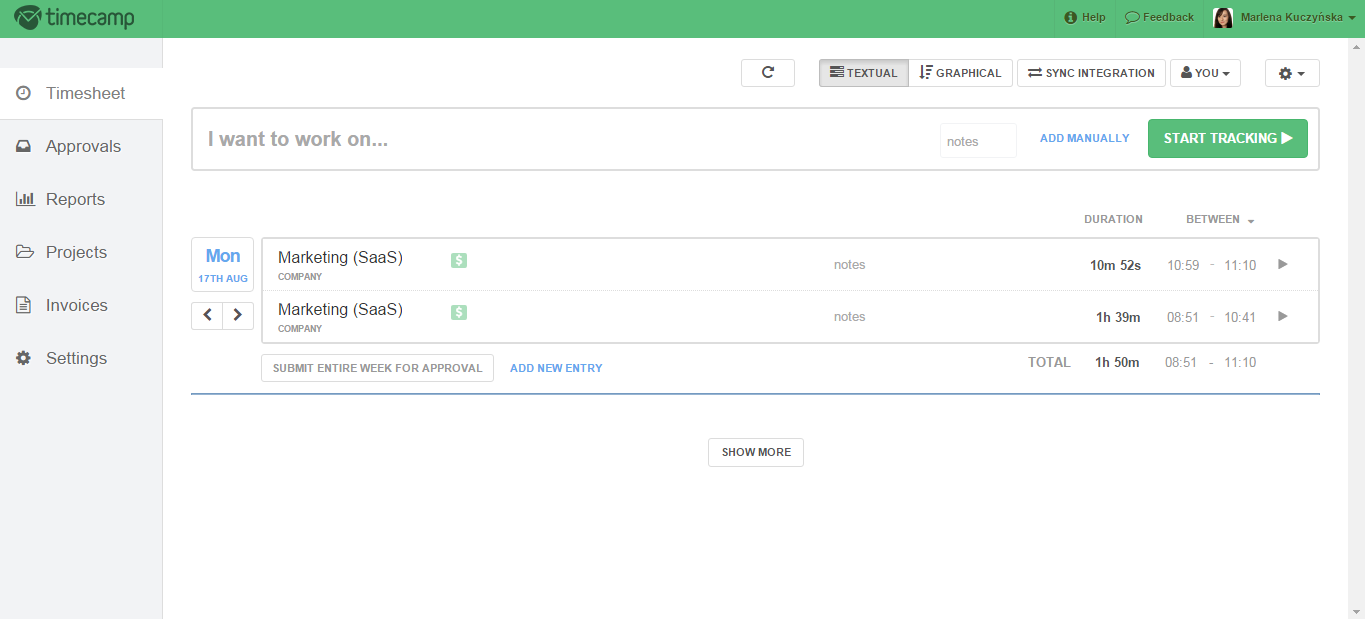 TimeCamp screenshot