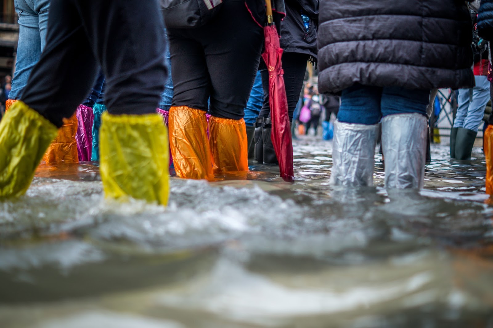 natural disaster, image of floods, people standing in with boots in a flood