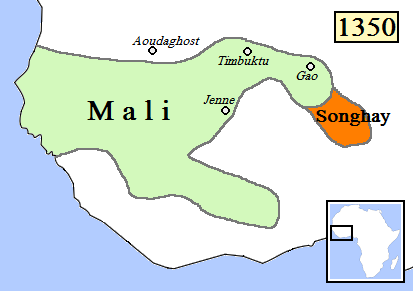 Map of the Mali Empire showing its three largest cities, namely Timbuktu, Jenne, and Gao. Details in text.