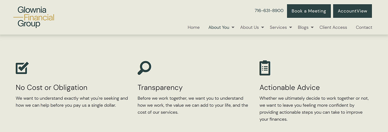 screenshot of glownia financial group website