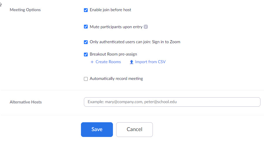 screenshot of Zoom edit meeting options with Breakout Room pre-assign checkbox selected.