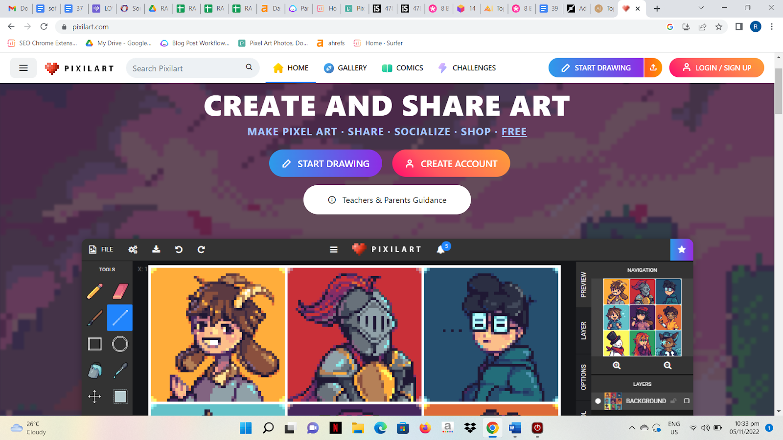Pixilart:online drawing application that allows users to share their canvas with a community of other users.