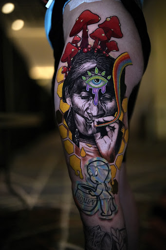 Explore male thigh tattoo ideas, creative tattoo ideas in Corona, available at Crop Circles Tattoo Studio