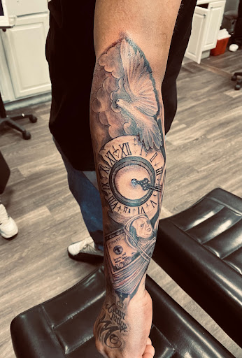 Explore chandelier tattoo ideas, creative tattoo ideas in Denver, available at Viva La Raza Tattoo Club