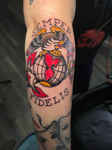 Explore sticker sleeve tattoo ideas, creative tattoo ideas in Fallston, available at Flesh Tattoo Company