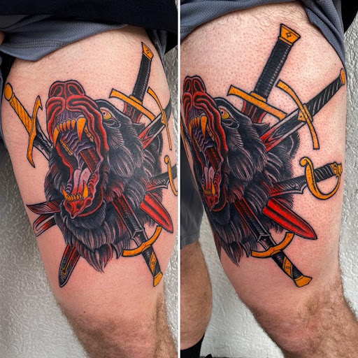 Explore gangster tattoo sleeve ideas, creative tattoo ideas in Goose Creek, available at Red Kirin Tattoo