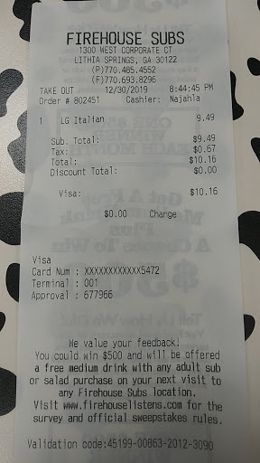 Sandwich Shop «Firehouse Subs», reviews and photos, 1300 W Corporate Ct, Lithia Springs, GA 30122, USA