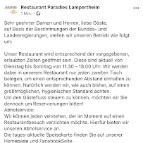 Menu / carte de Restaurant Paradies à Lampertheim