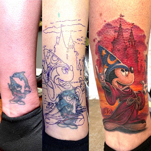 Explore cross sleeve tattoo ideas, creative tattoo ideas in Pendleton, available at Just Another Hole in the Wall Tattoo