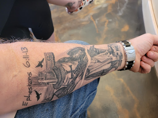 Explore sleeve tattoo filler ideas, creative tattoo ideas in Lockport, available at Tattoo City by Larry Brogan