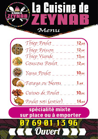 Carte du LA CUISINE DE ZEYNAB - Restaurant africain à Poitiers