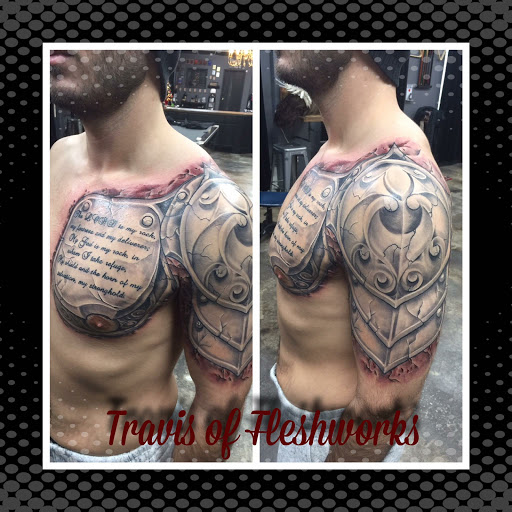 Explore tooled leather tattoo ideas, creative tattoo ideas in Olympia, available at Fleshworks Tattoo Studio