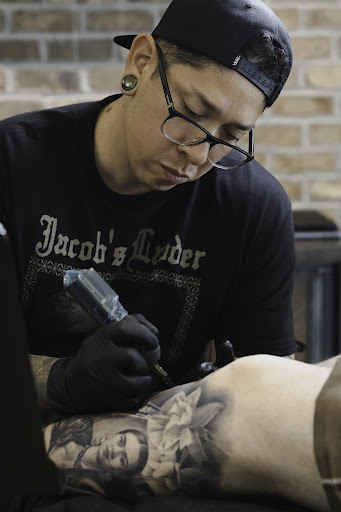 Explore christian sleeve tattoo ideas, creative tattoo ideas in Long Beach, available at The Raven and The Wolves