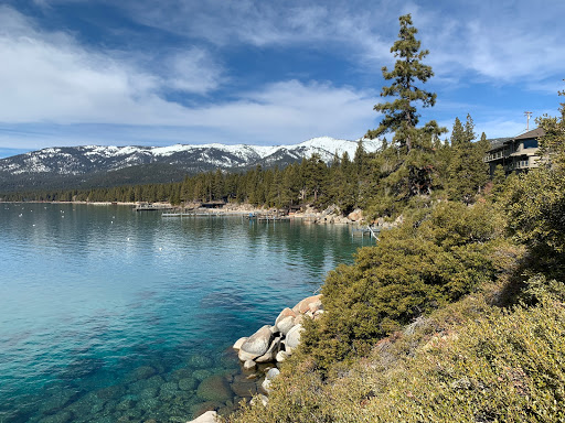 Aerial view of Lake Tahoe Nevada State Park with RVs parked in the campground