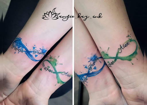 Explore bracelet tattoo ideas with names, creative tattoo ideas in Casper, available at Luna & Lotus Amethyst Ink Angie Kay