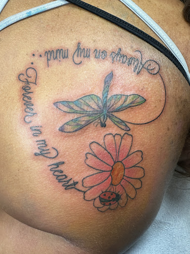 Explore upper sleeve tattoo ideas, creative tattoo ideas in Hinesville, available at Dark Horse Art Studios