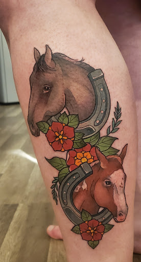 Explore mens calf tattoo ideas, creative tattoo ideas in Portland, available at Dire Wolf Tattoo Studio