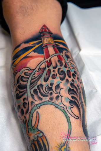 Explore disney thigh tattoo ideas, creative tattoo ideas in Islip, available at Blue Honeymoon Tattoo